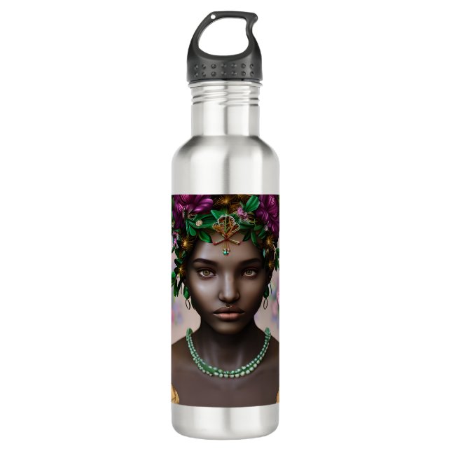 Beautiful African-American Woman with Flowers Stainless Steel Water Bottle (Front)