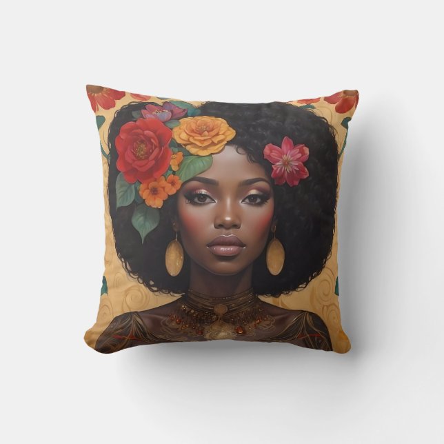 Beautiful African American Woman With Flowers Throw Pillow (Front)