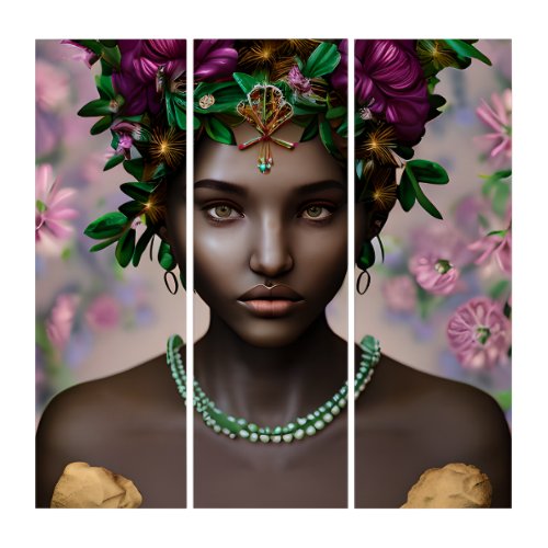 Beautiful African_American Woman with Flowers Triptych