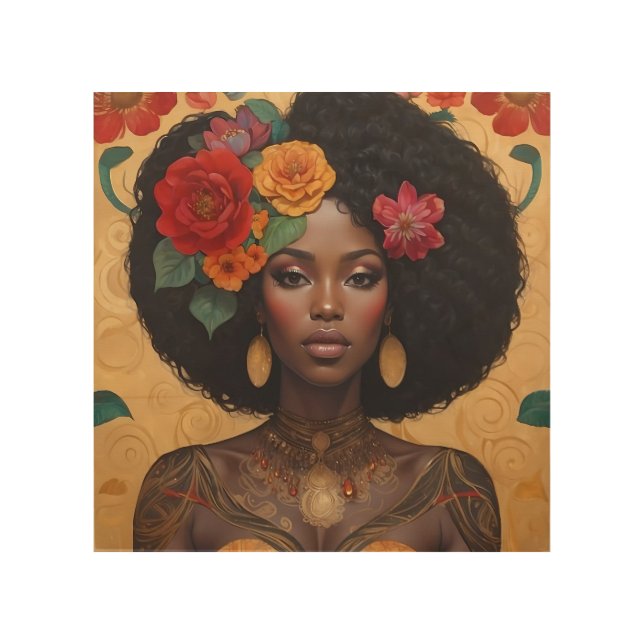 Beautiful African American Woman With Flowers Wood Wall Art (Front)