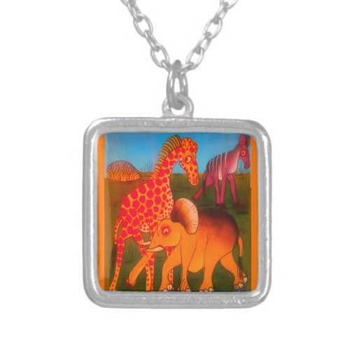 Beautiful African Elephant Giraffe animal safari  Silver Plated Necklace