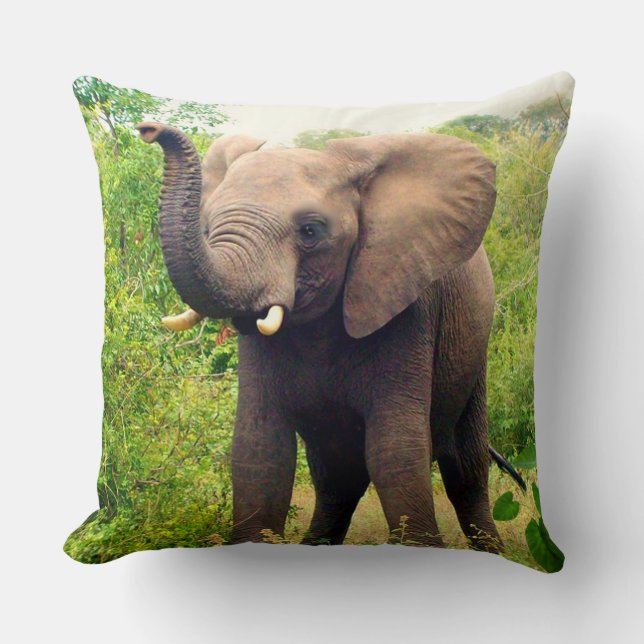 Beautiful African Elephant & Tropical Plants Throw Pillow (Front)