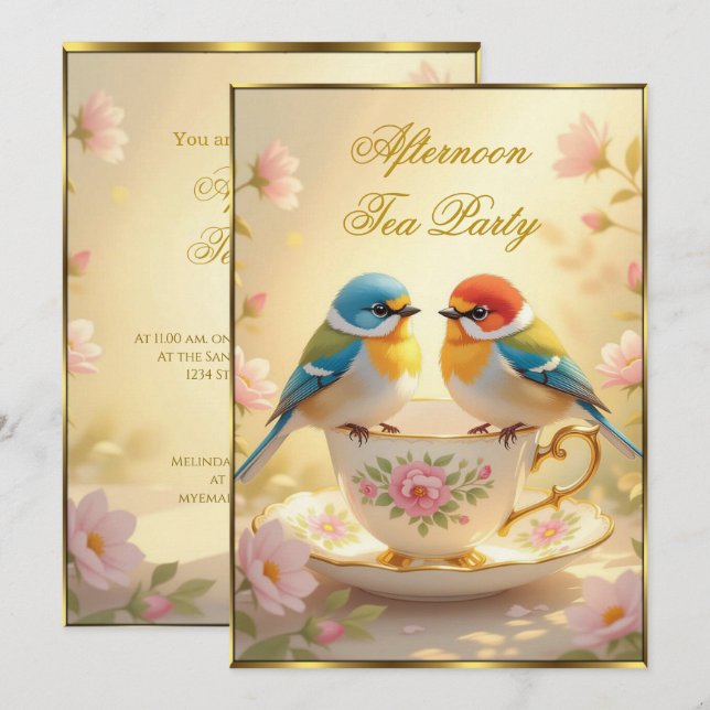 Beautiful Afternoon Tea Party Colourful Birds  Invitation (Front/Back)