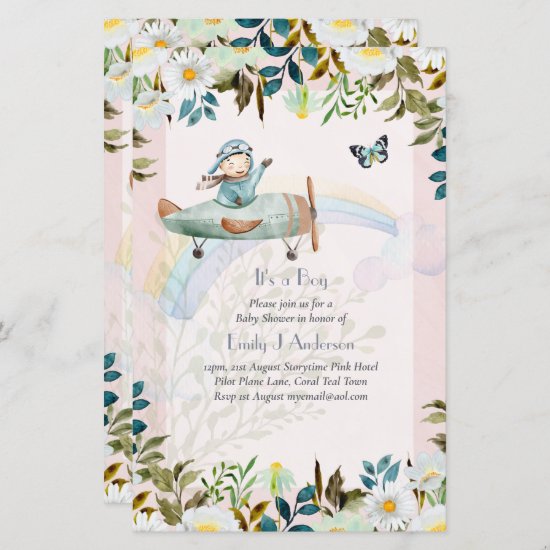 Beautiful Airplane Pilot Boys Baby Shower Invite