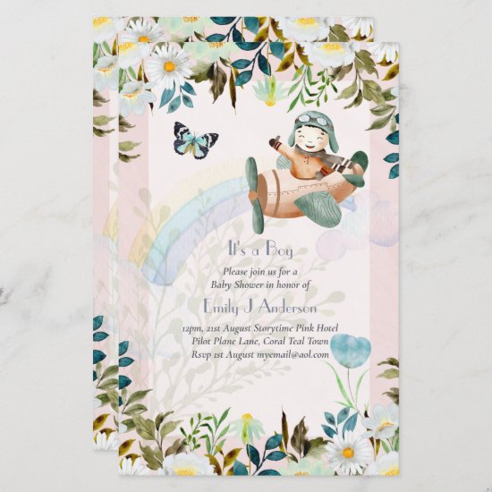 Beautiful Airplane Pilot Boys Baby Shower Invite