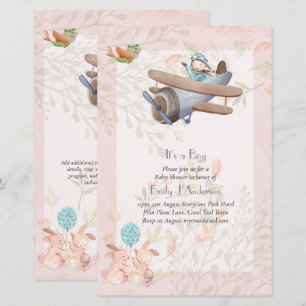Beautiful Airplane Pilot Boys Baby Shower Invite