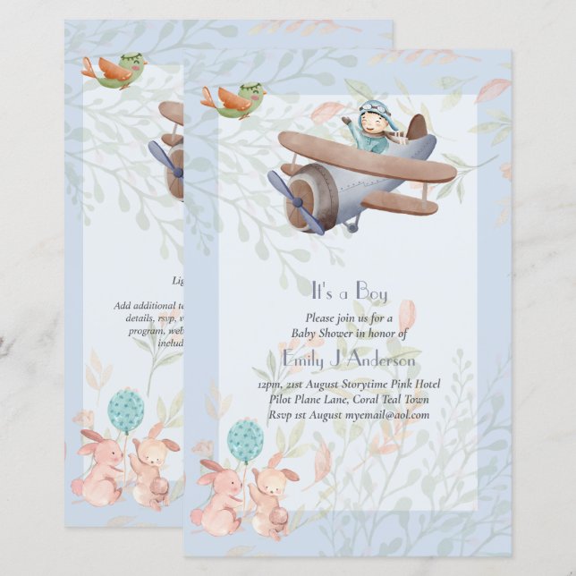 Beautiful Airplane Pilot Boys Baby Shower Invite (Front/Back)
