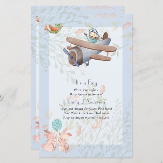 Beautiful Airplane Pilot Boys Baby Shower Invite