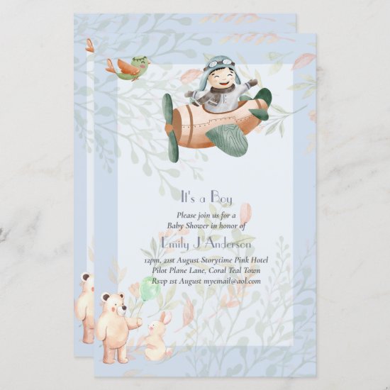 Beautiful Airplane Pilot Boys Baby Shower Invite