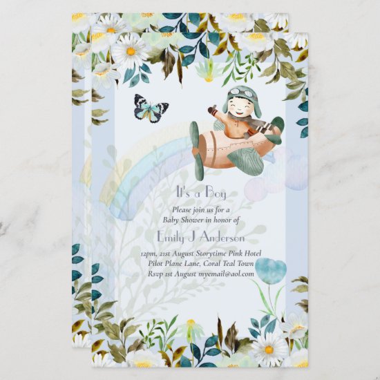 Beautiful Airplane Pilot Boys Baby Shower Invite