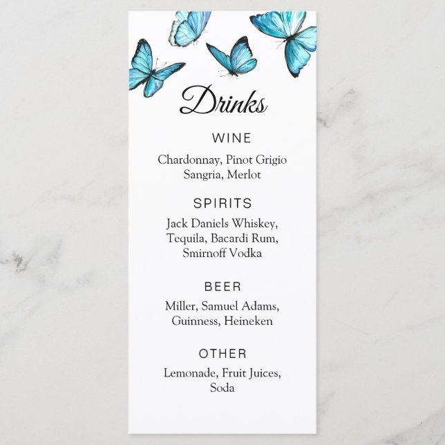 Beautiful airy butterflies. Simple wedding Bar Men Menu (Front)