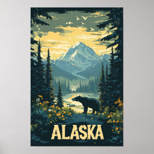 Beautiful Alaska Bear Vintage Illustration Travel Poster