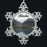 Beautiful Alaska! Snowflake Pewter Christmas Ornament<br><div class="desc">Breathtaking view of the mountains of Alaska reflected in the cold waters.  Word "Alaska" at top of design.</div>