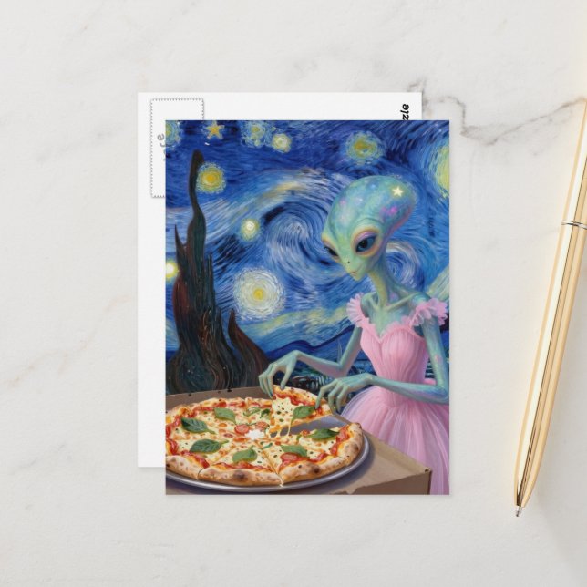  beautiful alien in a pink dress eats pizza postcard (Front/Back In Situ)