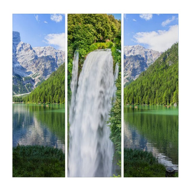 Beautiful Alpine Lake Mountain Peak Waterfall Triptych (Front)