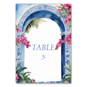Beautiful Amalfi Coast Bougainvillea Blue Tiles Table Number