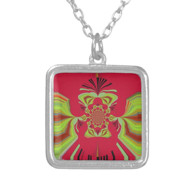 Beautiful Amazing African Red yellow Motif Pattern Silver Plated Necklace (Front)