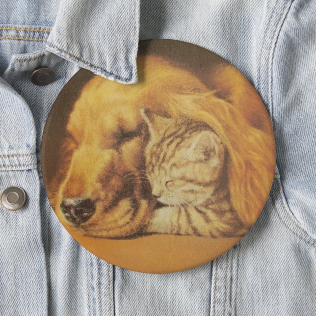 Beautiful Amazing Cat and Dog Cuddling Art Print Button (In Situ)