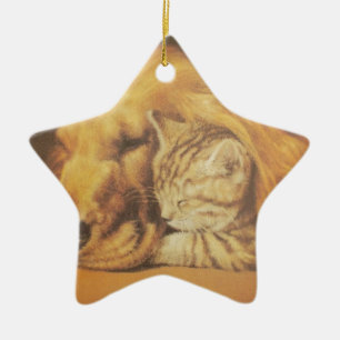 Beautiful Amazing Cat and Dog Cuddling Art Print Ceramic Ornament