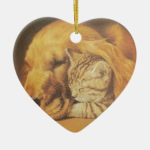 Beautiful Amazing Cat and Dog Cuddling Art Print Ceramic Ornament