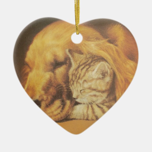 Beautiful Amazing Cat and Dog Cuddling Art Print Ceramic Ornament (Front)