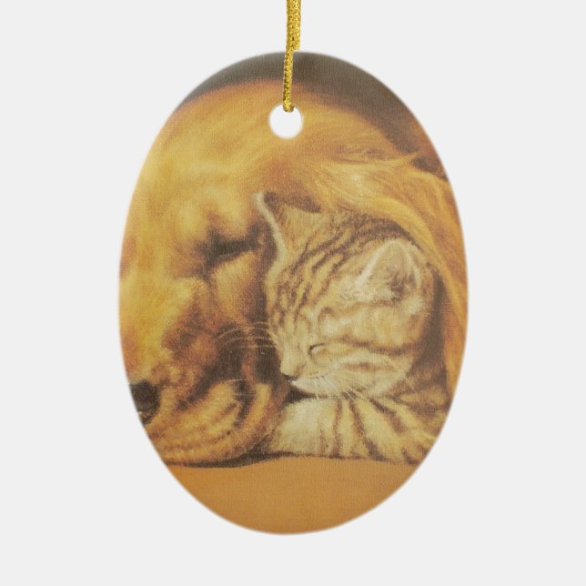 Beautiful Amazing Cat and Dog Cuddling Art Print Ceramic Ornament (Front)