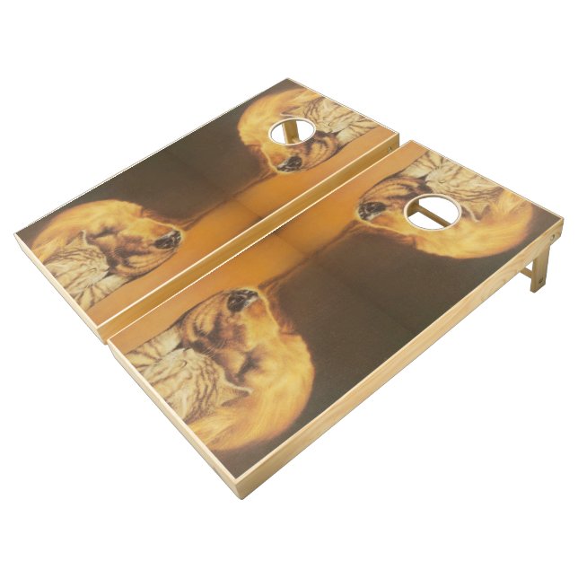 Beautiful Amazing Cat and Dog Cuddling Art Print Cornhole Set (Angled)