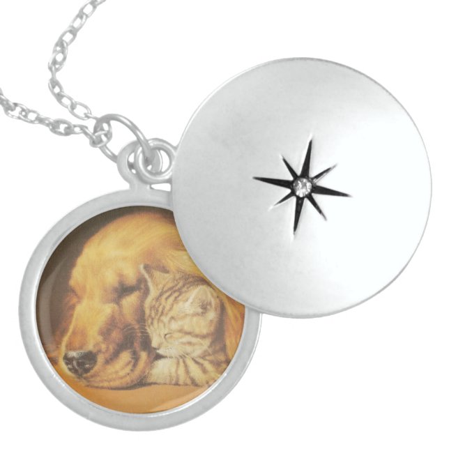 Beautiful Amazing Cat and Dog Cuddling Art Print Locket Necklace (Front)