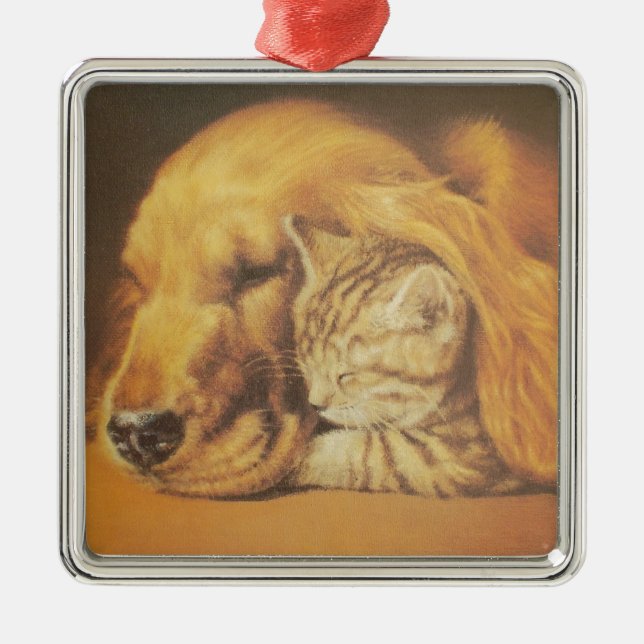 Beautiful Amazing Cat and Dog Cuddling Art Print Metal Ornament (Front)