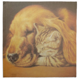 Beautiful Amazing Cat and Dog Cuddling Art Print Napkin