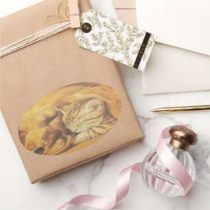 Beautiful Amazing Cat and Dog Cuddling Art Print Oval Sticker