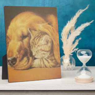 Beautiful Amazing Cat and Dog Cuddling Art Print Plaque