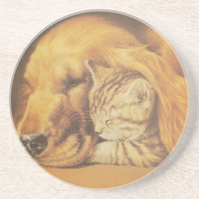 Beautiful Amazing Cat and Dog Cuddling Art Print Sandstone Coaster (Front)