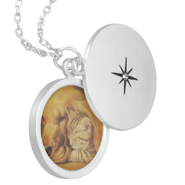 Beautiful Amazing Cat and Dog Cuddling Art Print Sterling Silver Necklace (Front Left)