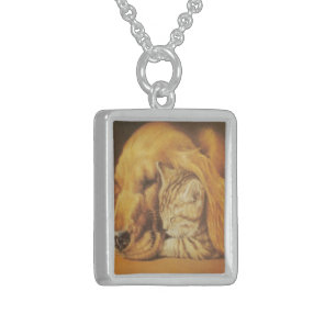 Beautiful Amazing Cat and Dog Cuddling Art Print Sterling Silver Necklace