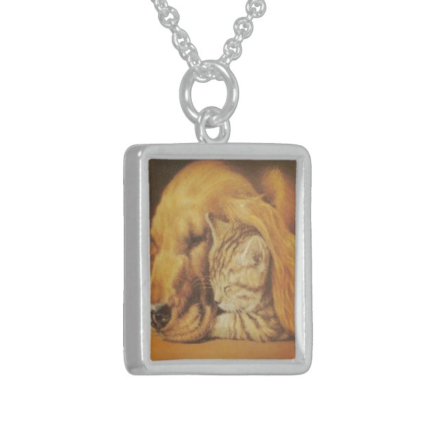 Beautiful Amazing Cat and Dog Cuddling Art Print Sterling Silver Necklace (Front Left)