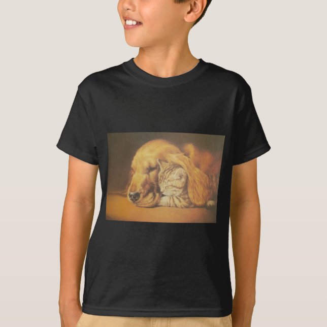 Beautiful Amazing Cat and Dog Cuddling Art Print T-Shirt (Front)