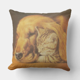 Beautiful Amazing Cat and Dog Cuddling Art Print Throw Pillow
