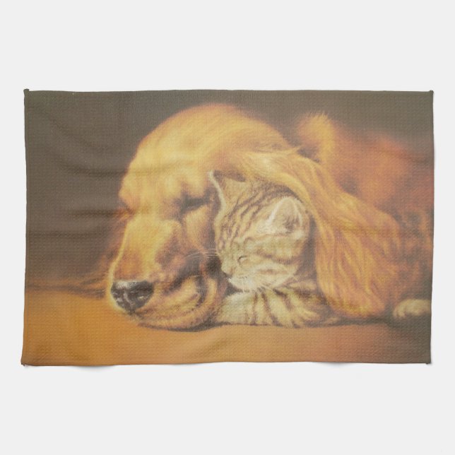 Beautiful Amazing Cat and Dog Cuddling Art Print Towel (Horizontal)