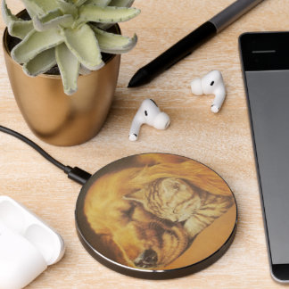 Beautiful Amazing Cat and Dog Cuddling Art Print Wireless Charger