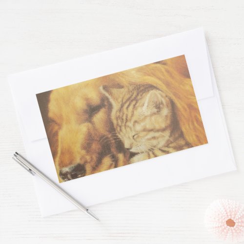 Beautiful Amazing Cute Cat and Dog Cuddling  Rectangular Sticker