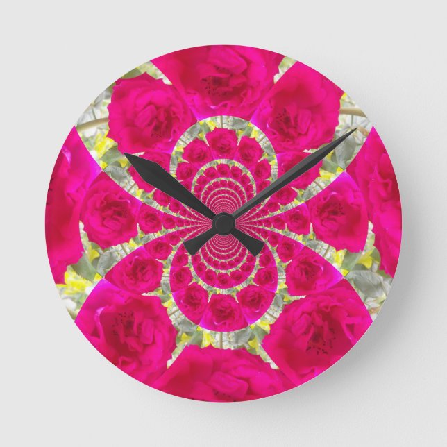 Beautiful Amazing Red Roses Kaleidoscope Pattern Round Clock (Front)