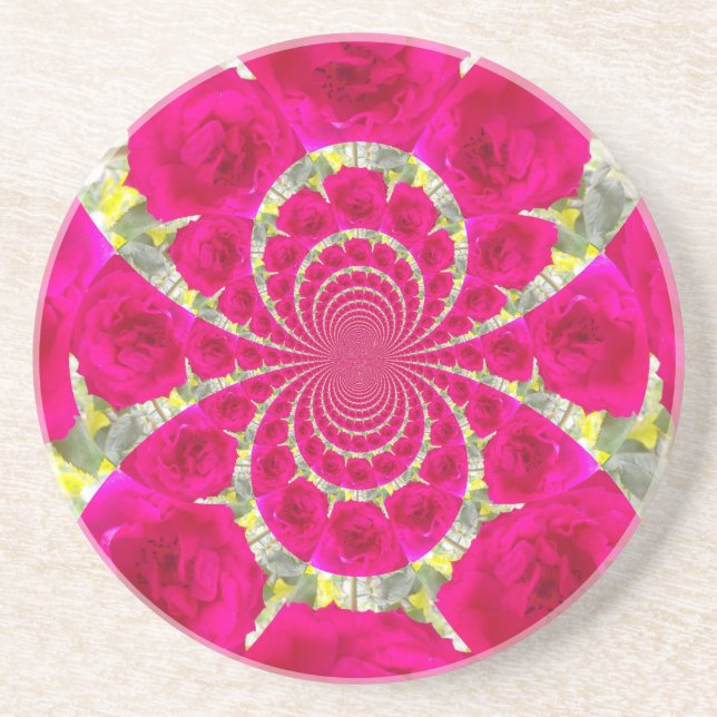 Beautiful Amazing Red Roses Kaleidoscope Pattern Sandstone Coaster (Front)