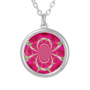 Beautiful Amazing Red Roses Kaleidoscope Pattern Silver Plated Necklace
