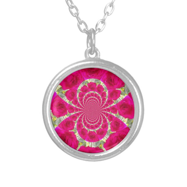 Beautiful Amazing Red Roses Kaleidoscope Pattern Silver Plated Necklace (Front)