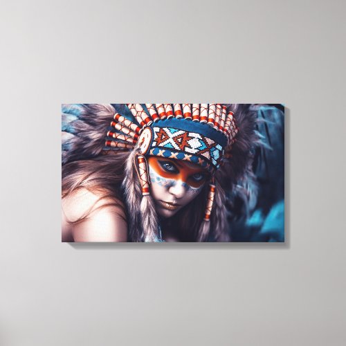 Beautiful American Indian Young Girl Headdress Canvas Print