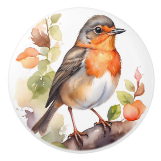 Beautiful American Robin Bird Watercolor Ceramic Knob