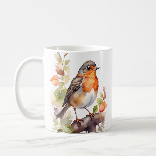Beautiful American Robin Bird Watercolor Coffee Mug (Left)
