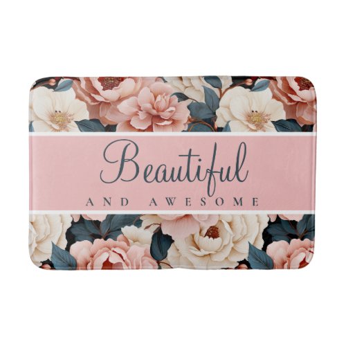 Beautiful and Awesome Floral Pink Blue Text  Bath Mat