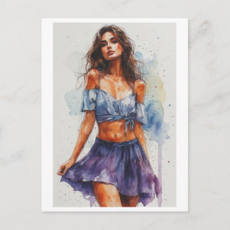 Beautiful and Colorful Lady on Skirt on a Holiday Postcard